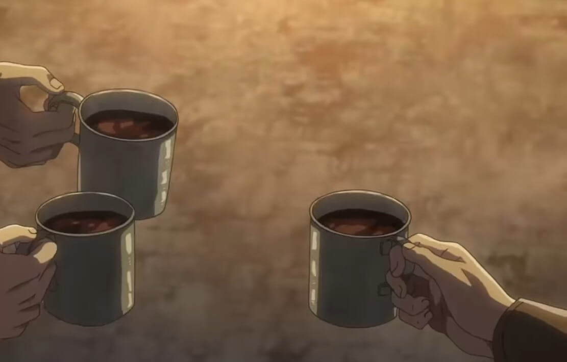 O Café nos desenhos - O brinde de Zeke, Reiner e Bertolt com café - AoT